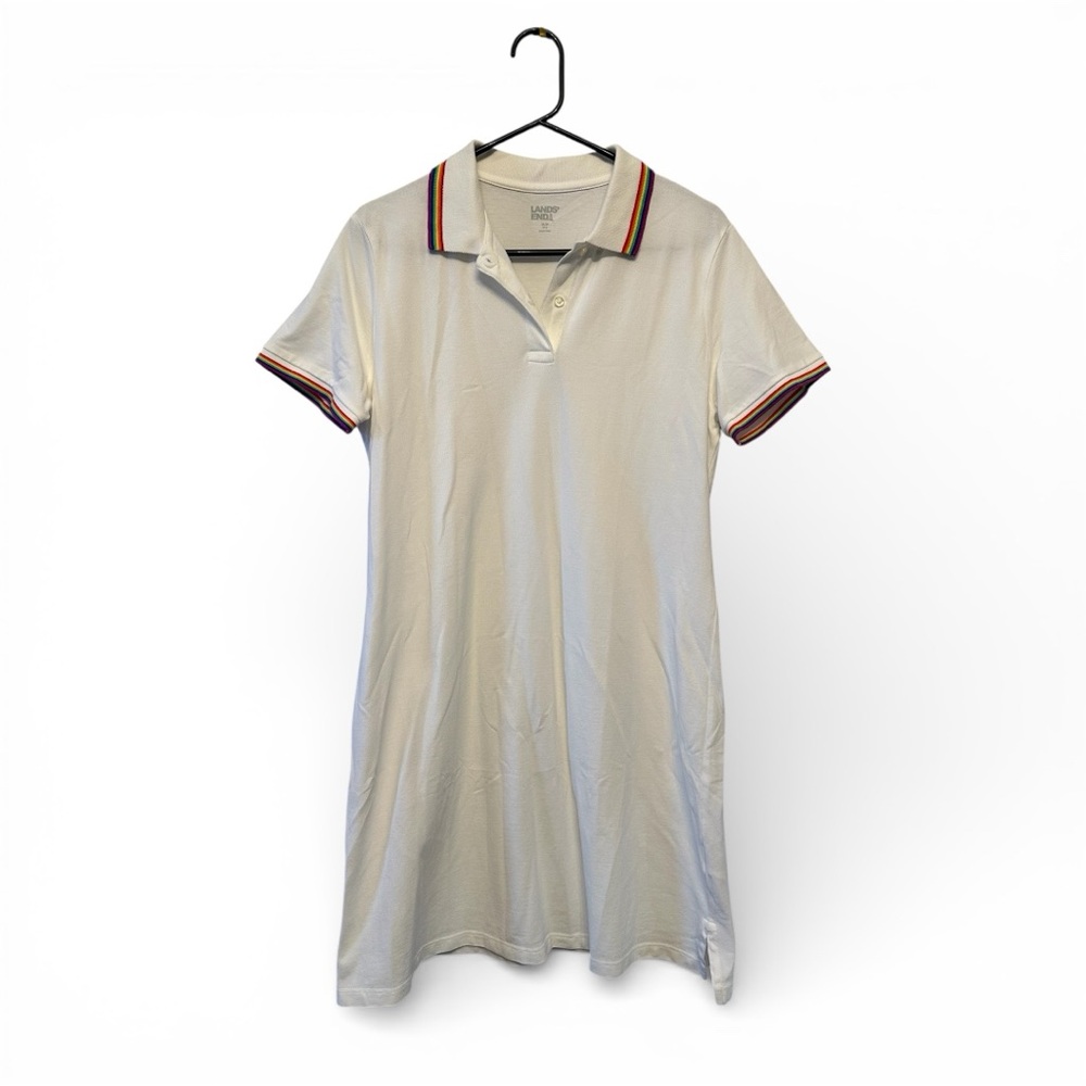Lands' End White/Cream Polo Midi Dress w/ Subtle Rainbow Pattern Trim Size MP